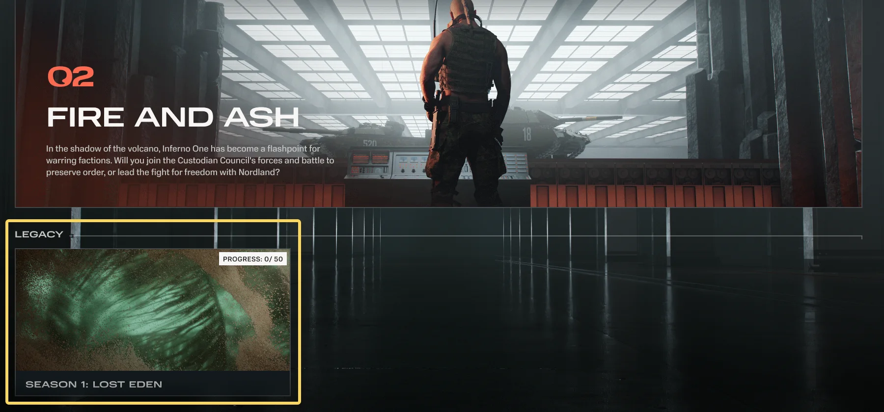 The Battle Pass screen showing the Legacy section below the current season with a single card for Season 1.