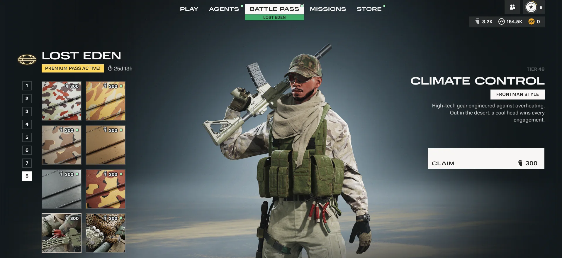The Lost Eden Battle Pass screen with a Premium Pass Active badge and a time remaining counter. A tier list on the left shows an Intel cost beside each reward, with tier 49 selected. On the right, tier 49's reward, an Agent style called Climate Control, is shown next to a Claim button.