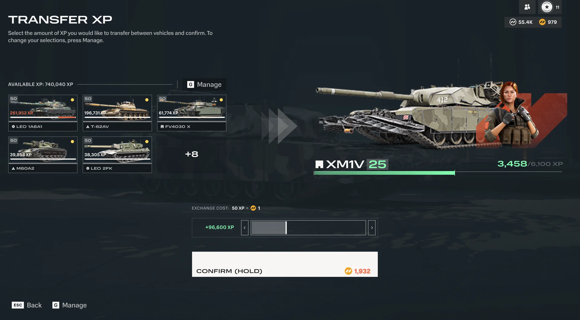 A screen titled Transfer XP. On the left, a total of available XP above a row of vehicle tiles, each showing the XP stored on that vehicle. On the right, the destination vehicle, the XM1V, with its level and an XP progress bar. Below them, an exchange cost line, a slider for choosing how much XP to move, and a Confirm button that is held rather than clicked.