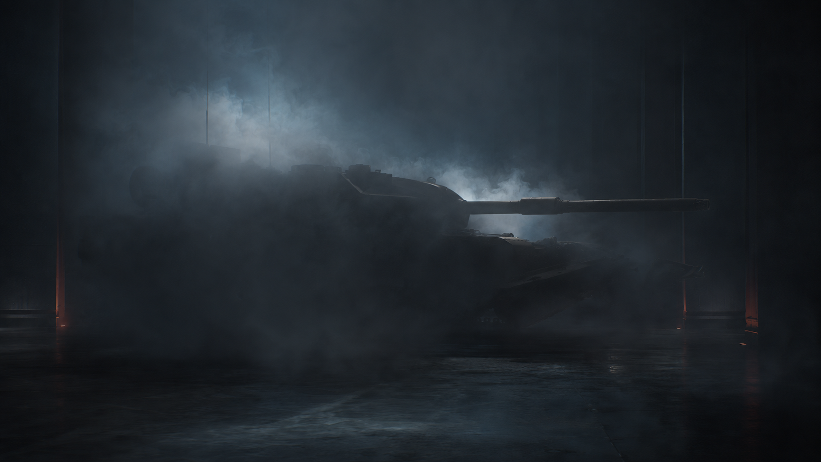 A single tank silhouette obscured by smoke.