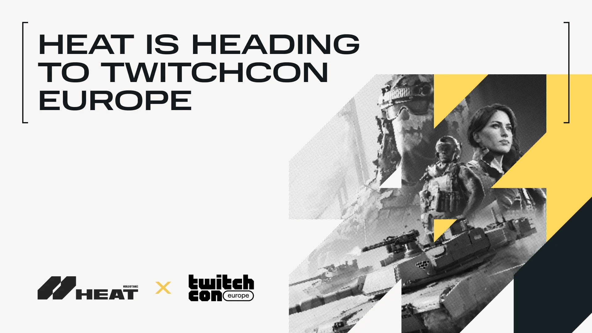 HEAT x TwitchCon Europe key visual: HEAT logo and TwitchCon Europe logo lockup with HEAT agents and a tank.