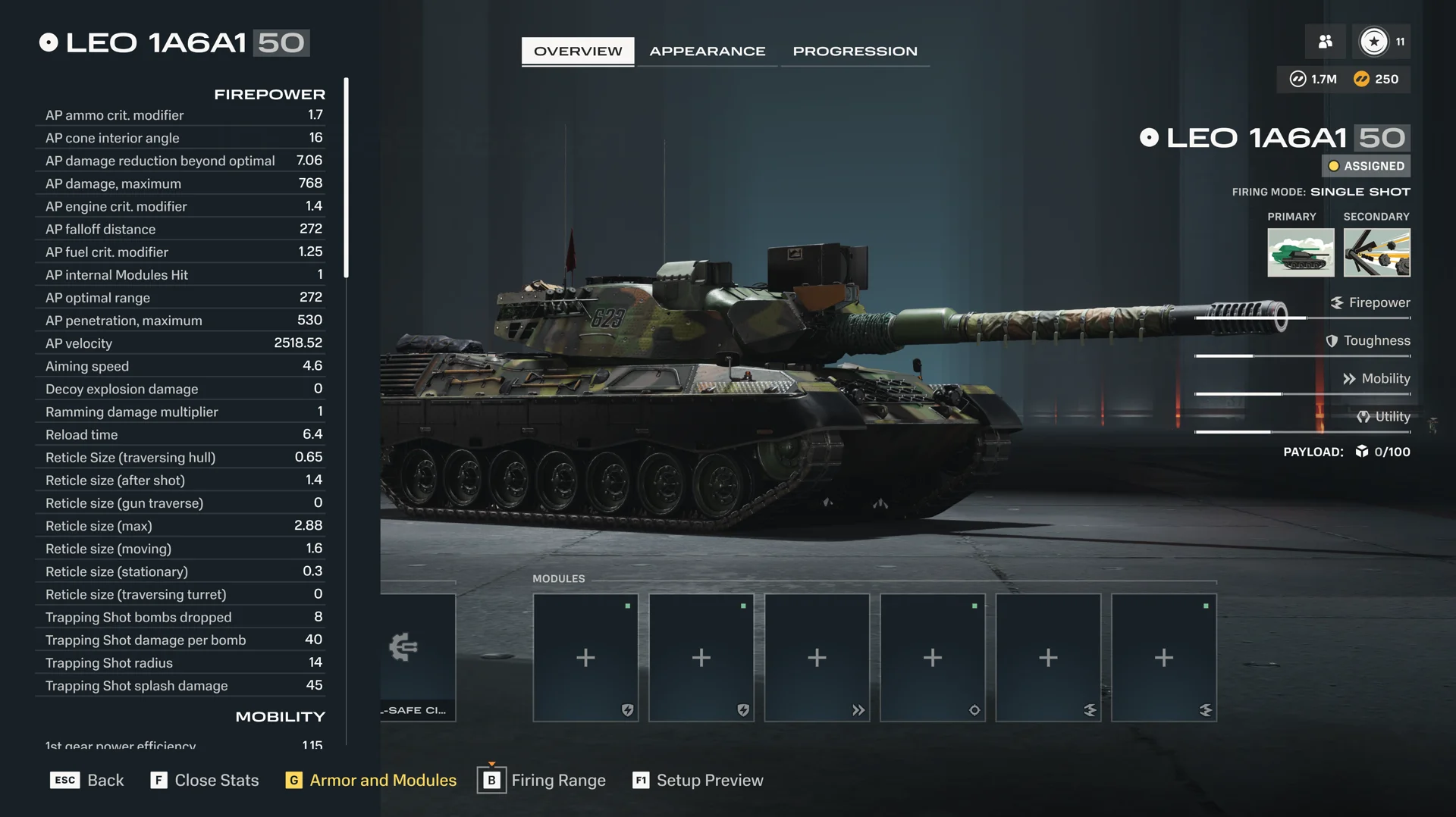 In-game stats menu shown for the LEO 1A6A1, listing Firepower values like AP penetration and reload time.