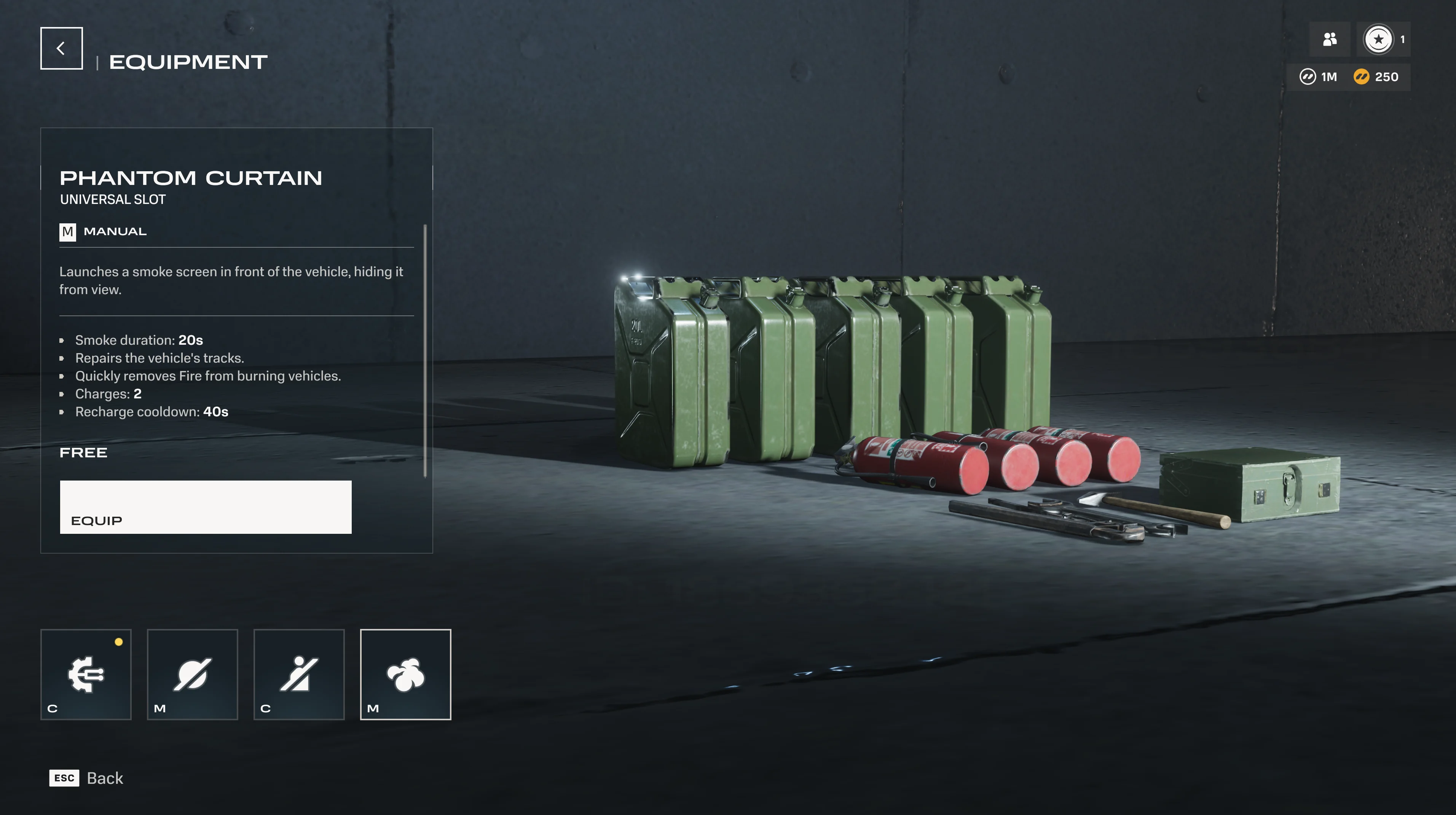Equipment selection screen showing Phantom Curtain smoke screen