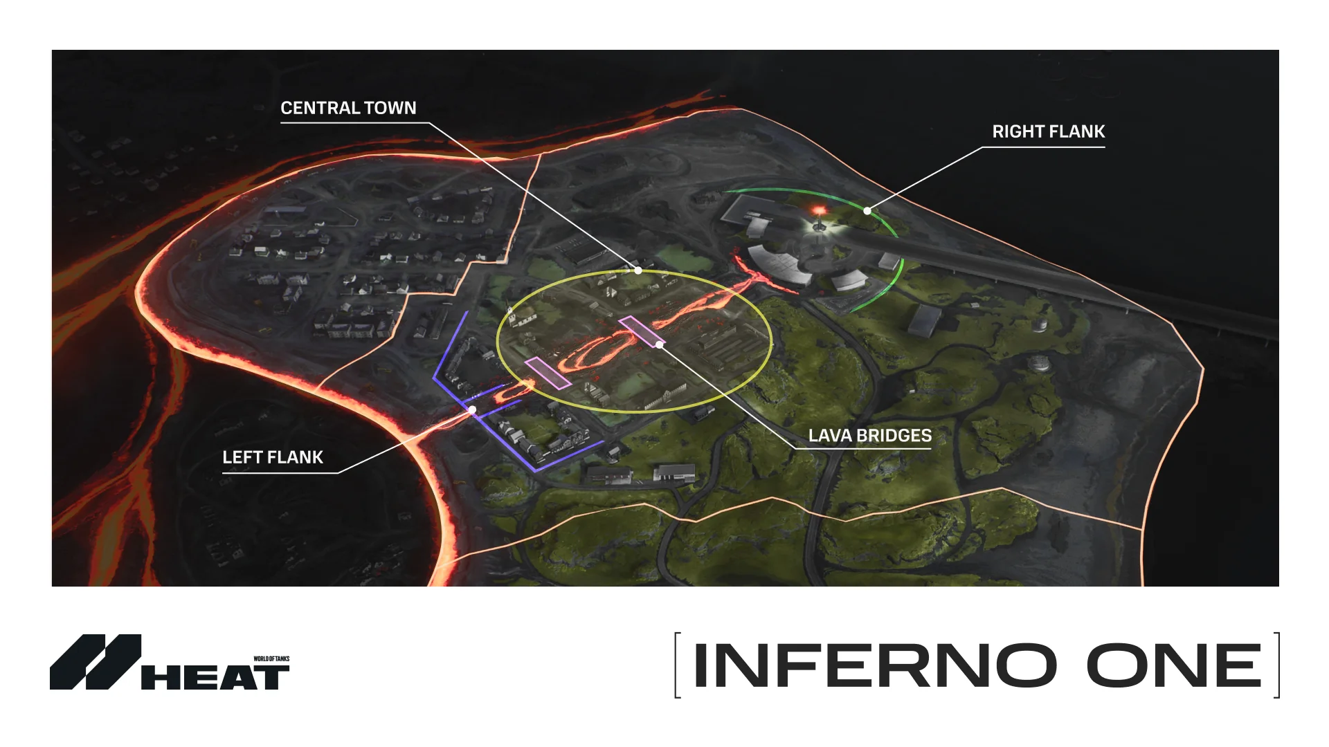 Annotated overview map of Inferno One. The Town Area is marked in yellow, the Lava Bridges in purple, the Right Flank in green, and the Left Flank in blue.
