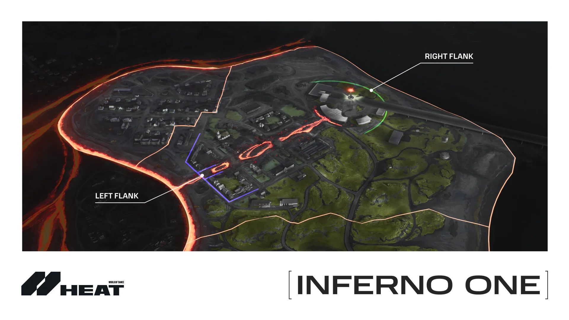Annotated overview map of Inferno One highlighting the two flanks. The Left Flank is marked in blue and the Right Flank in green.