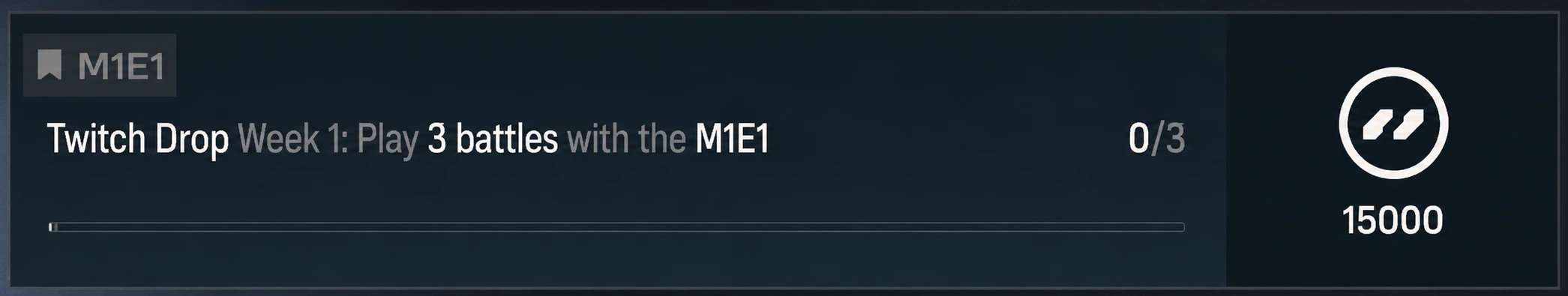In-game mission list showing the Twitch Drop Week 1 entry tagged 'Twitch Drop Week 1: Play 3 battles with the M1E1.'