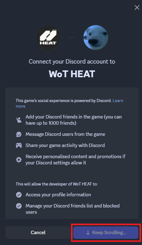 Discord authorization page for WoT HEAT with Keep Scrolling button highlighted