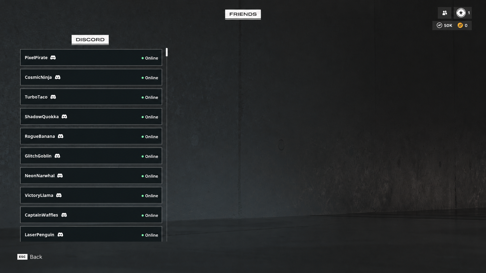 Friends panel showing populated Discord friends list with online status