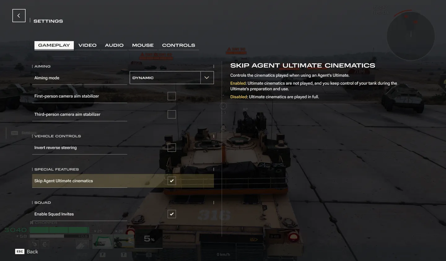 The Settings screen with the option to disable Agent Ultimate cinematics enabled under gameplay settings.