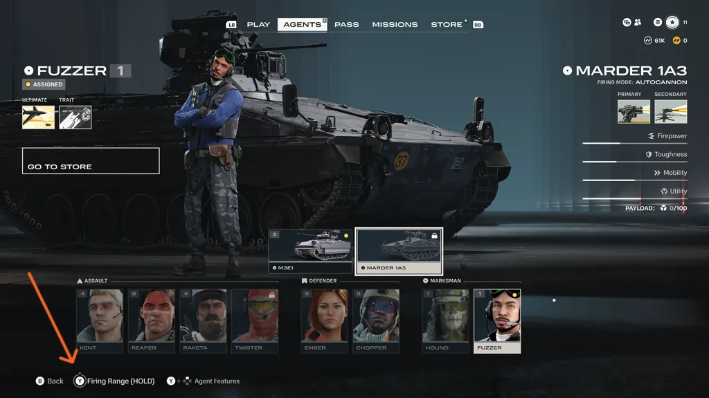 The Agent Selection screen with the Firing Range hold prompt at the bottom, letting you test-drive any vehicle.