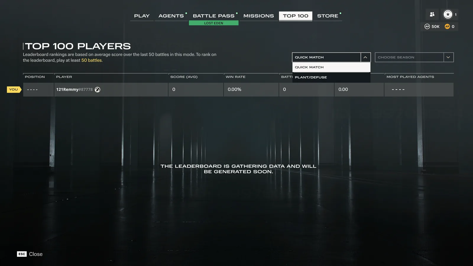 The Top 100 Players leaderboard tab in the Garage, with the mode selector open on Quick Match and Plant/Defuse, showing position, score, win rate, battles, K/D ratio, and most-played agents columns.
