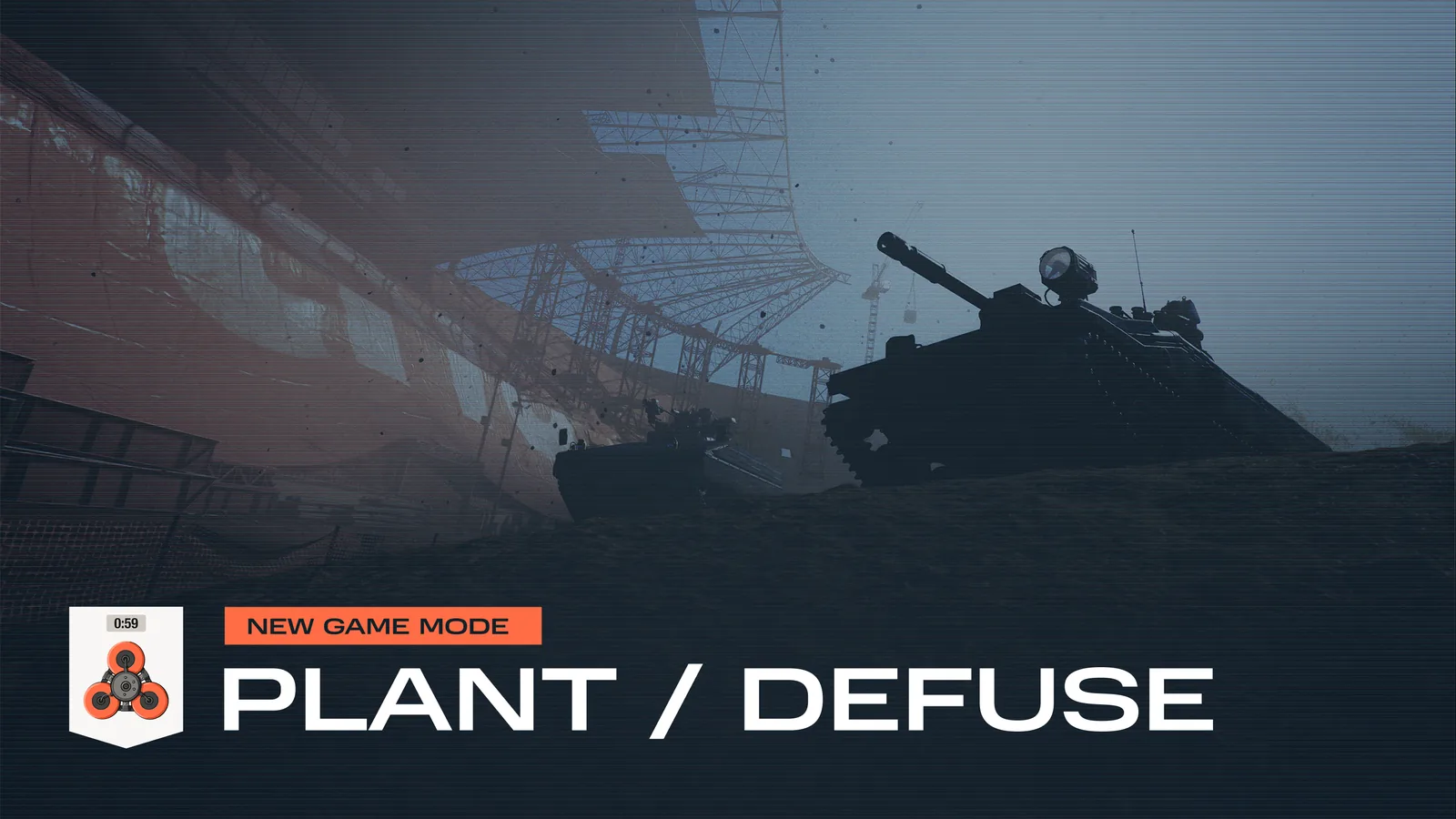 Plant/Defuse new game mode key art, showing tanks on a construction-site map with the charge icon and countdown.