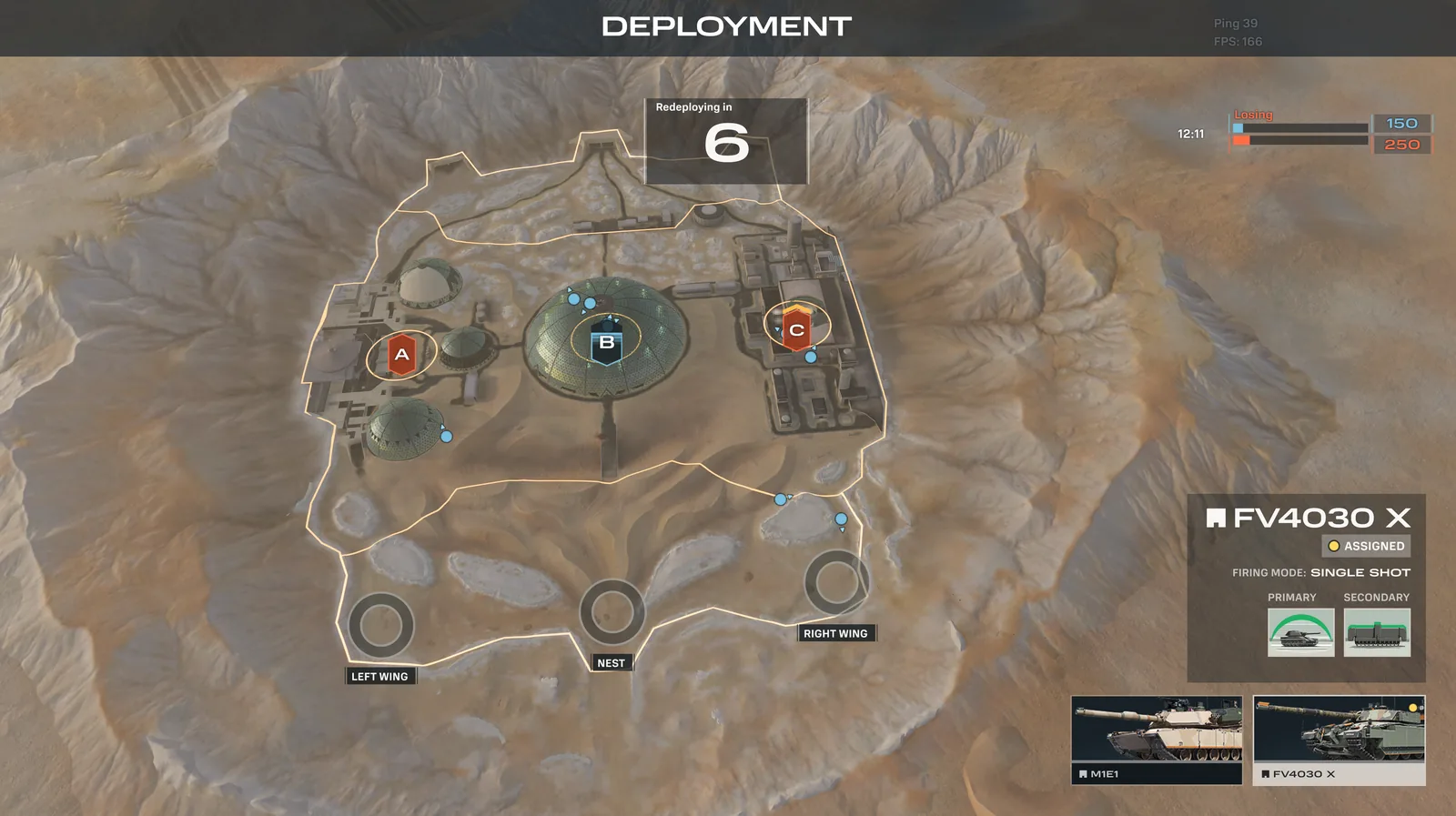 The Deployment screen during the respawn window, showing the two vehicle tiles (M1E1 and FV4030 X) to swap between.