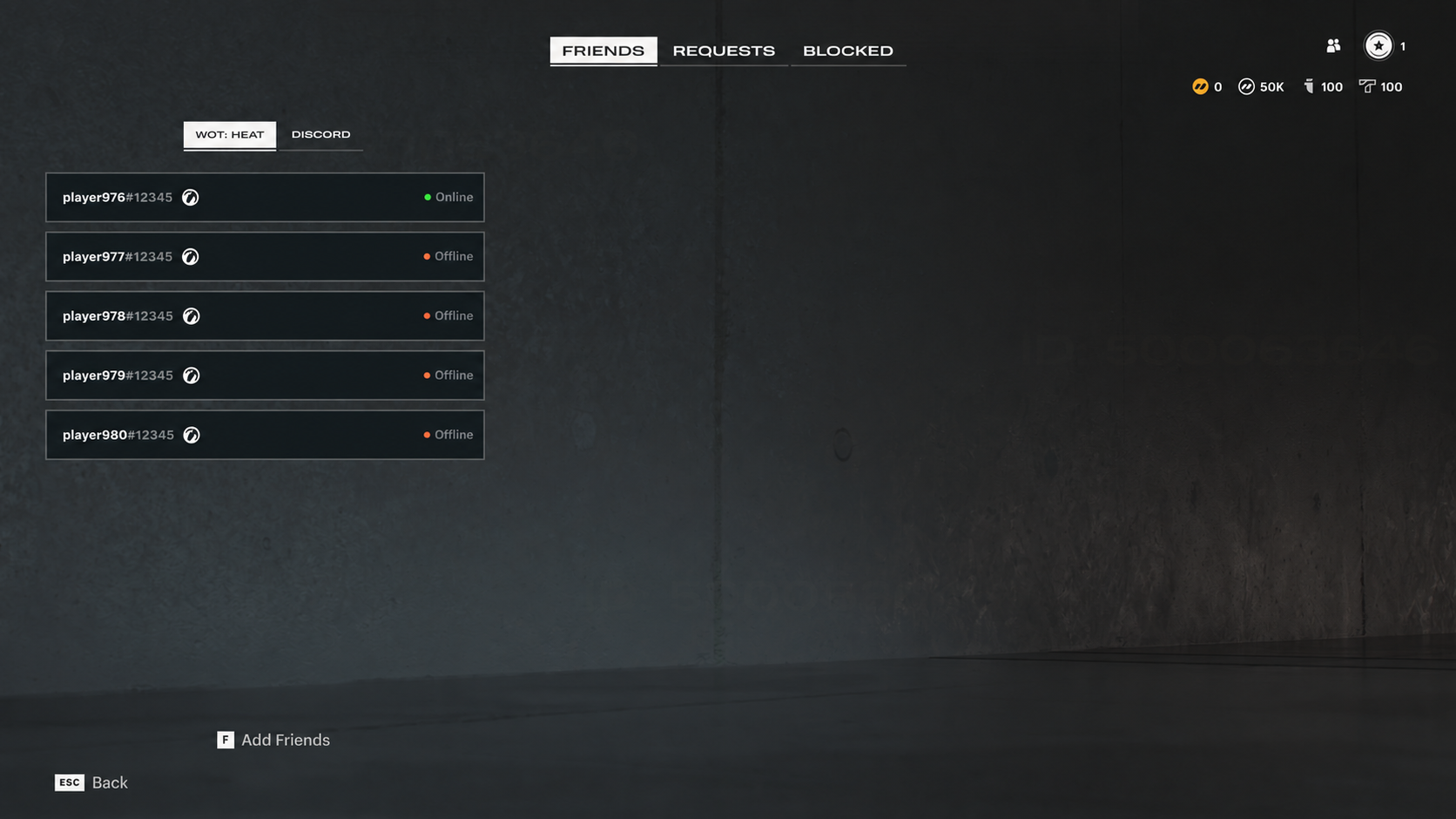 The Friends list in the Garage, showing online players grouped by source.