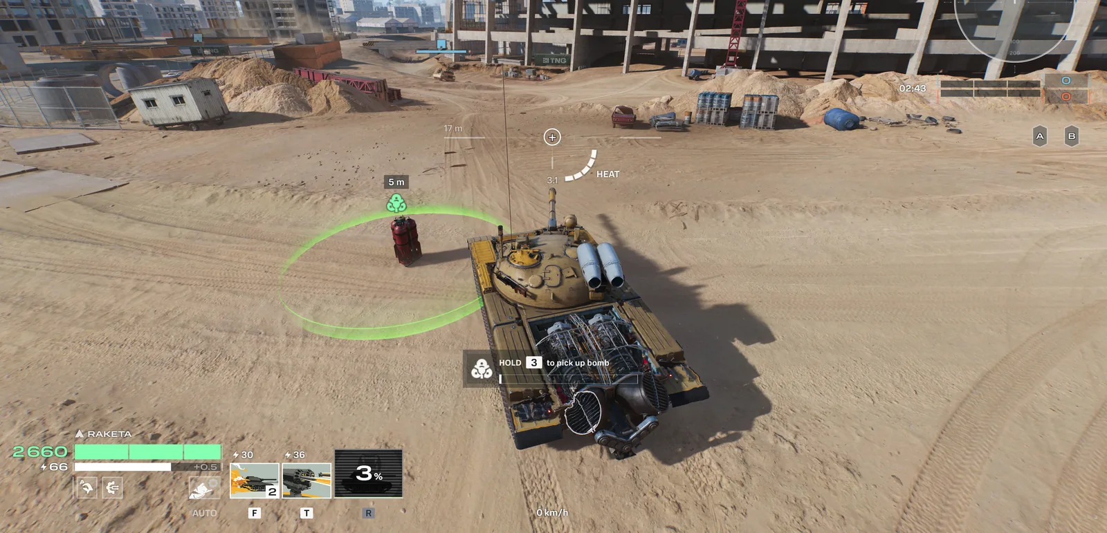 A HEAT tank beside the bomb in its green plant-zone ring, with the pick-up-bomb prompt on screen