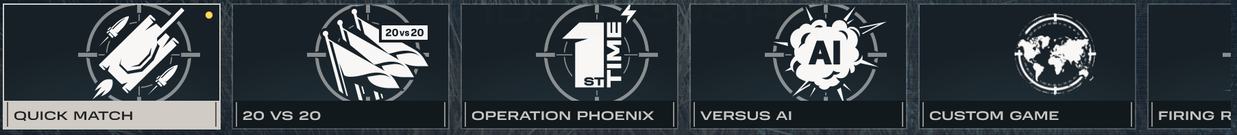 The HEAT mode selector, with the 20 VS 20 tile alongside Quick Match, Operation Phoenix, Versus AI, Custom Game, and Firing Range.