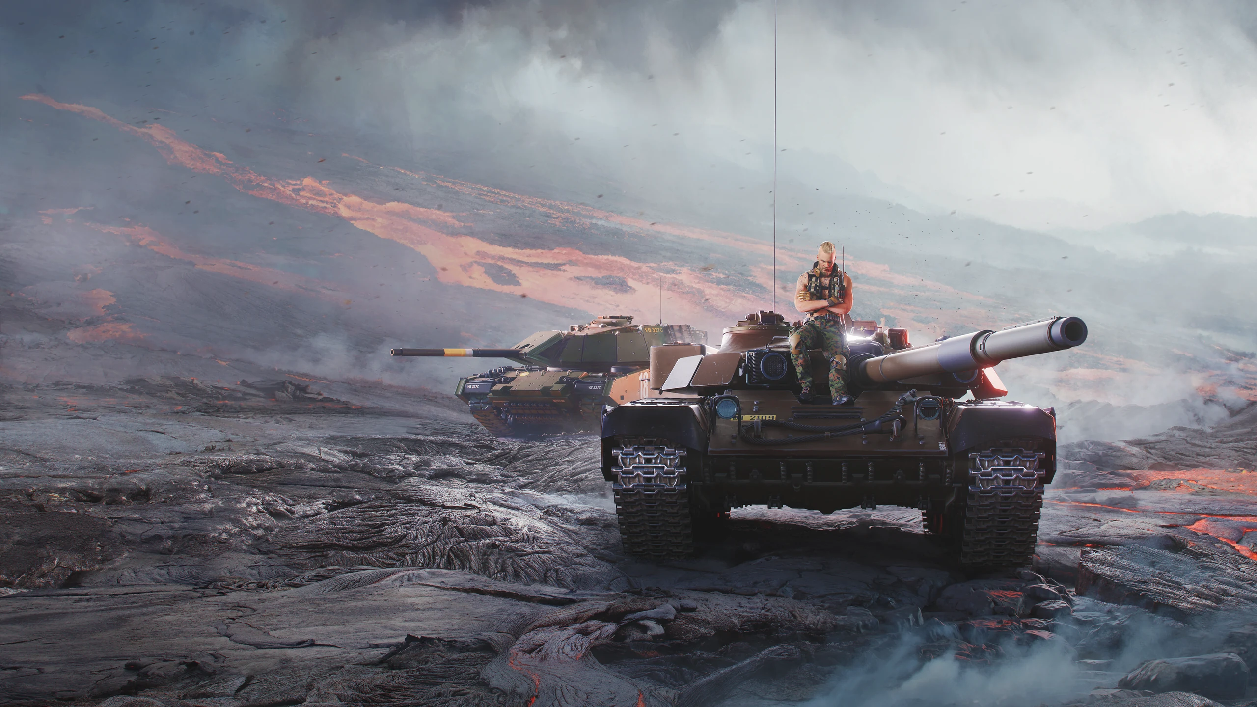 Gambit sitting on the hull of his tank on a cooled lava field, his second vehicle behind him and a volcanic ridge beyond