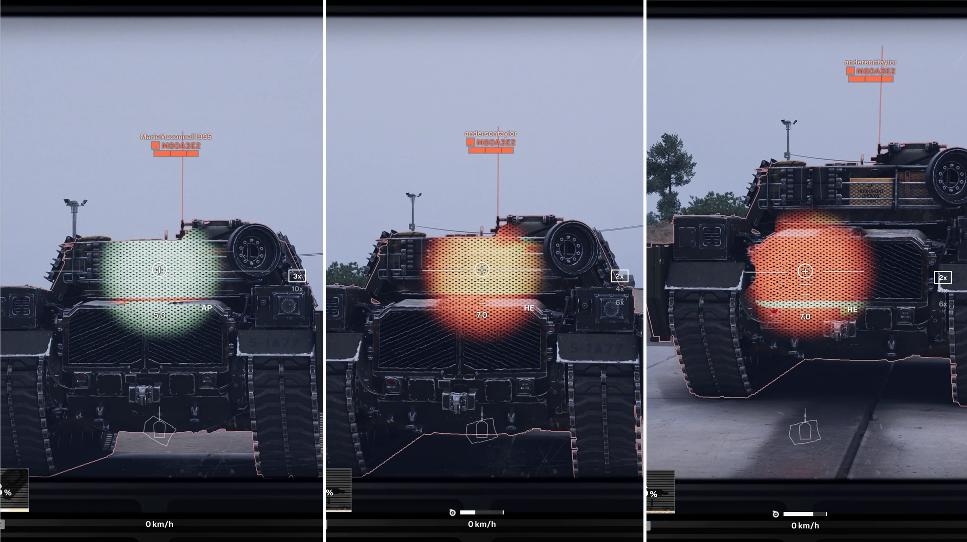 In-game aiming UI showing penetration likelihood overlay: green zone indicates high chance to penetrate, yellow indicates moderate chance, red indicates little or no chance.