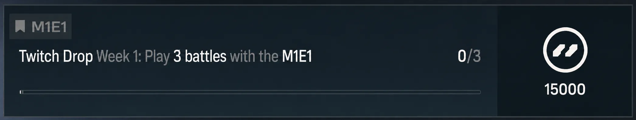 HEAT mission list entry labelled 'Twitch Drop, Week 1: Play 3 battles with the M1E1', 0 of 3 progress, 15000 reward