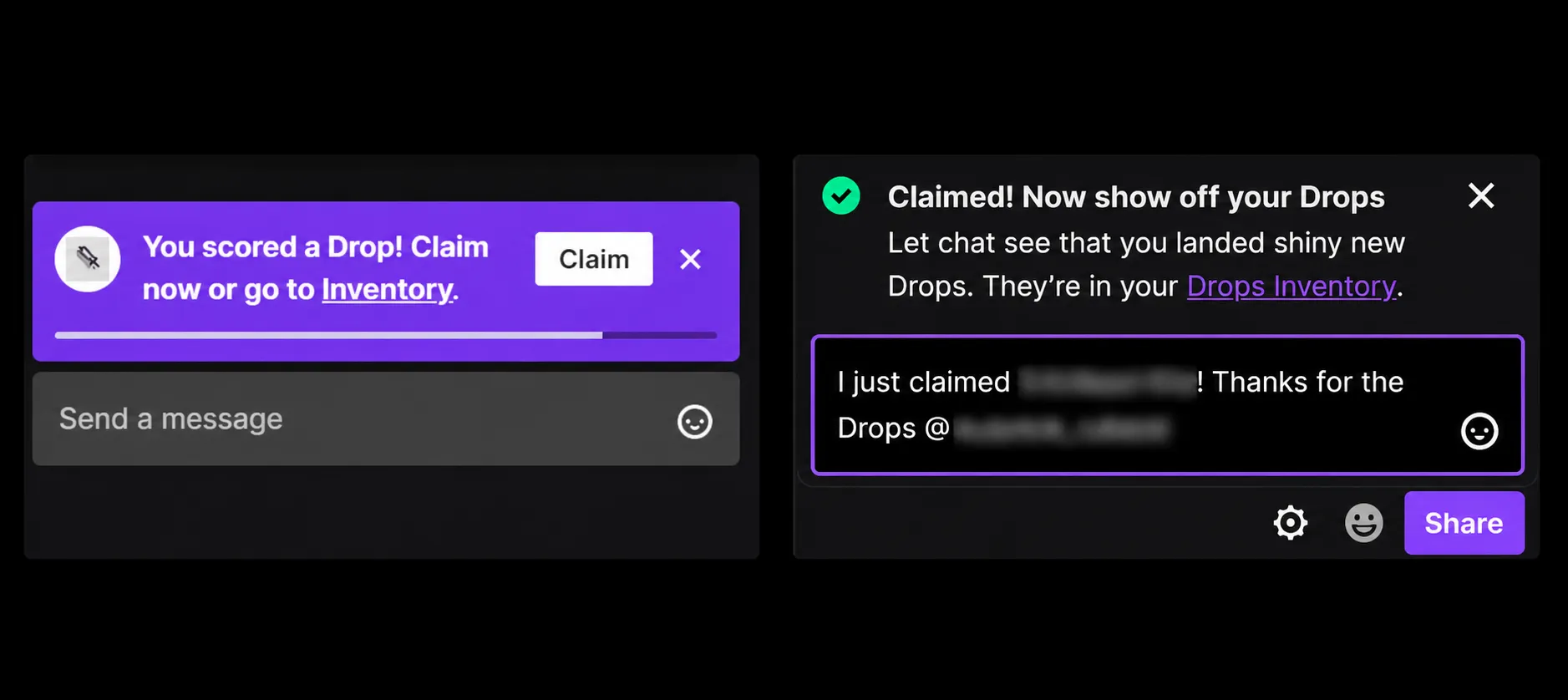 Twitch Claim Now popup followed by Claimed confirmation