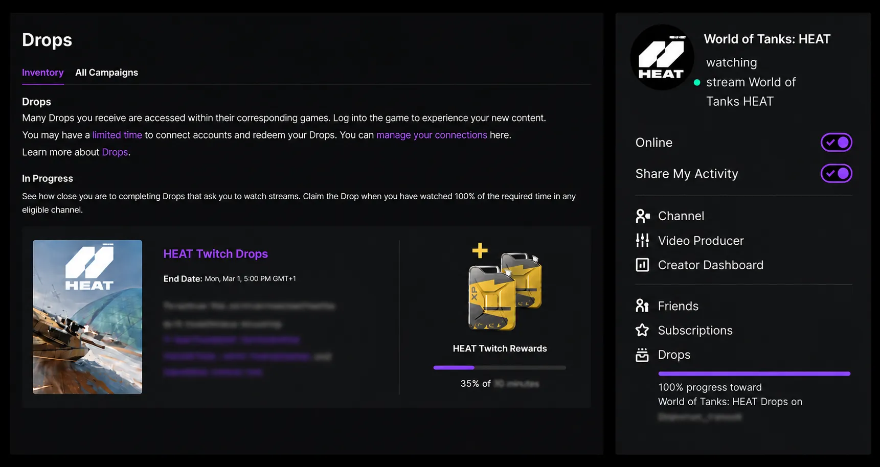 Twitch inventory showing a HEAT Drop in progress