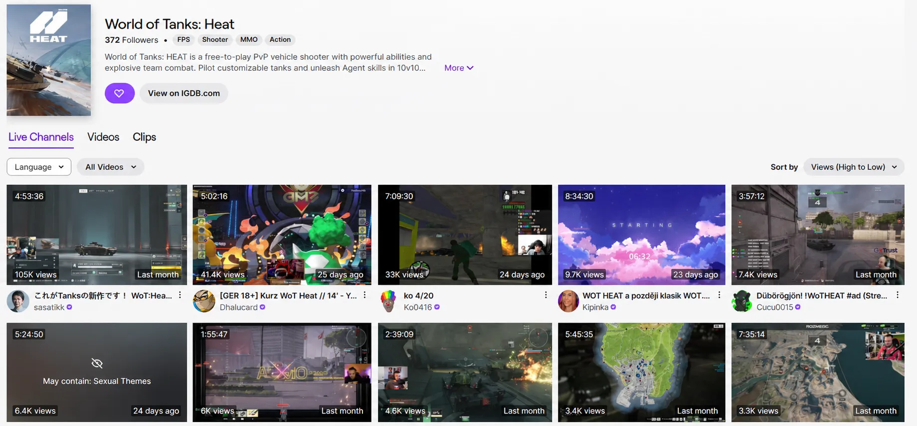 WoT: HEAT category page on Twitch showing live streams
