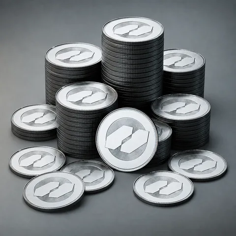 A large pile of silver Credits coins in tall stacks