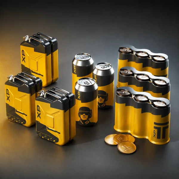 A bundle of nine HEAT boosters: yellow-and-black Agent XP, Tech, and Vehicle XP booster canisters grouped together