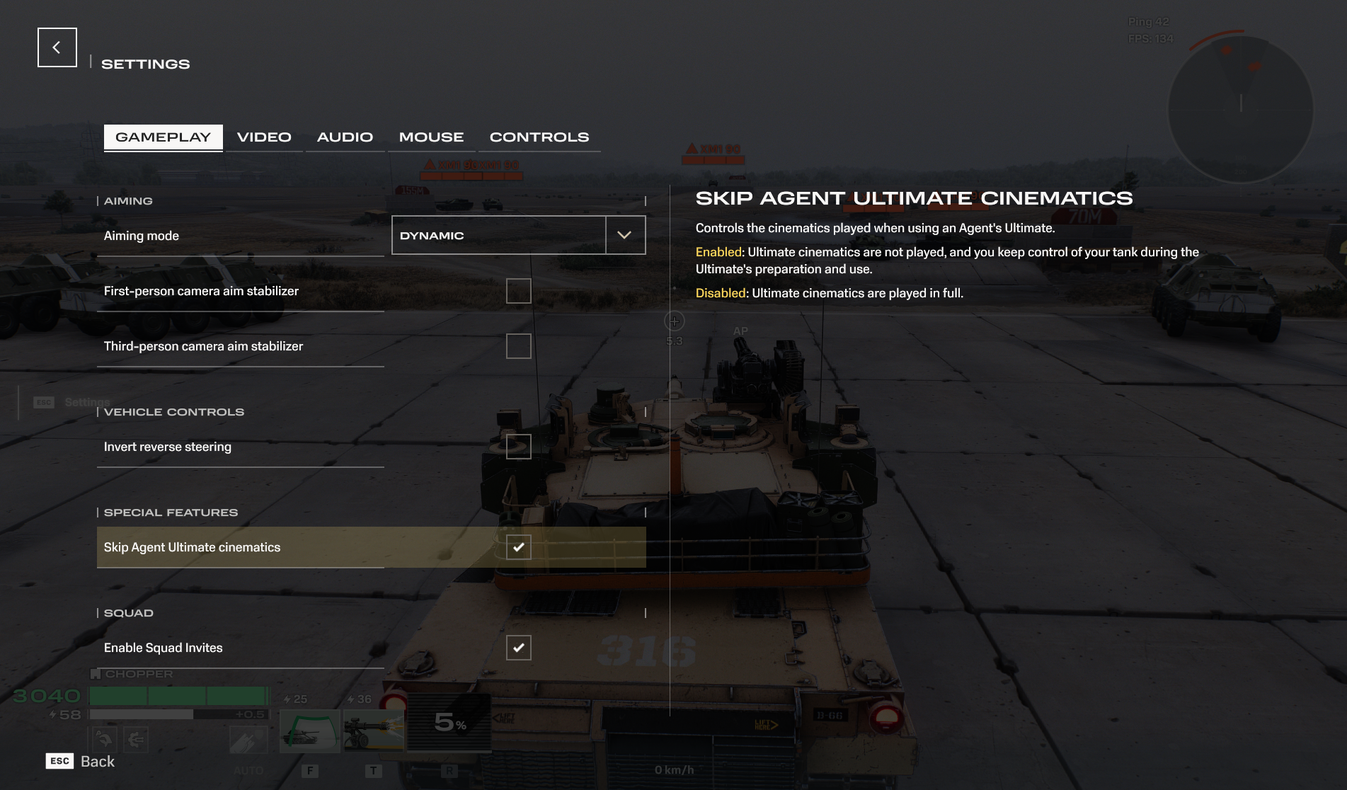 World of Tanks HEAT Settings screen with the Skip Agent Ultimate Cinematics toggle enabled under Special Features.